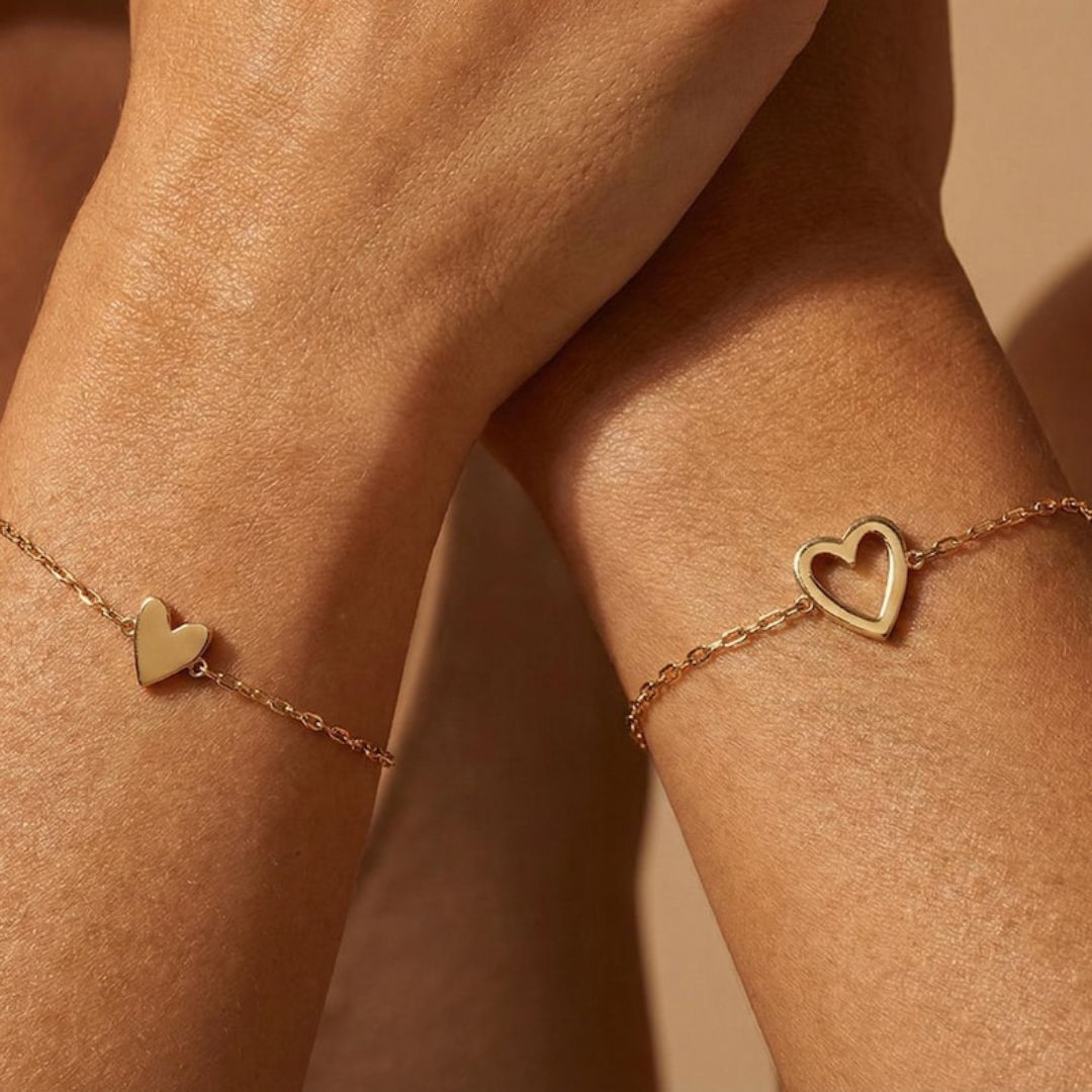 2pcs Matching Heart Bracelets — Gold Plated, Adjustable